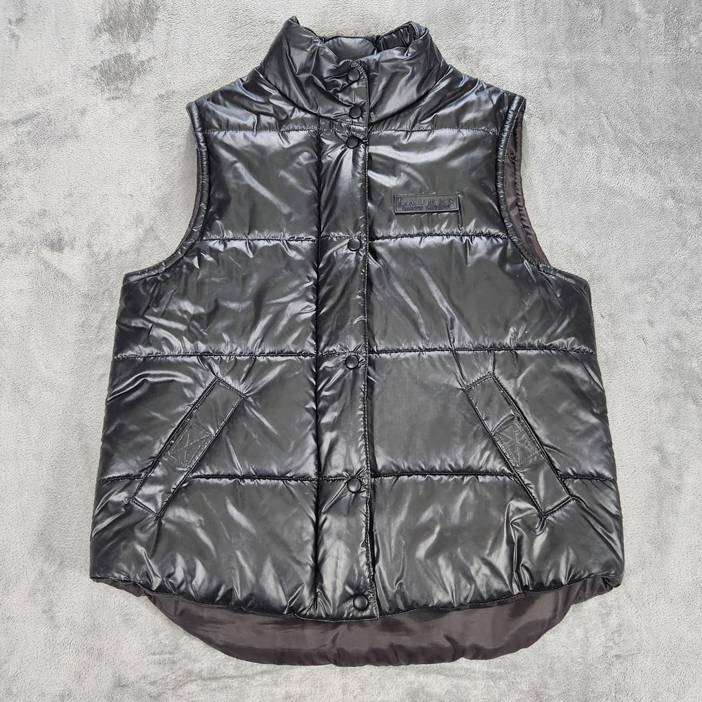 Vintage Lauren Ralph Lauren Vest Womens Medium Black Puffer Quilted Hooded Nylon